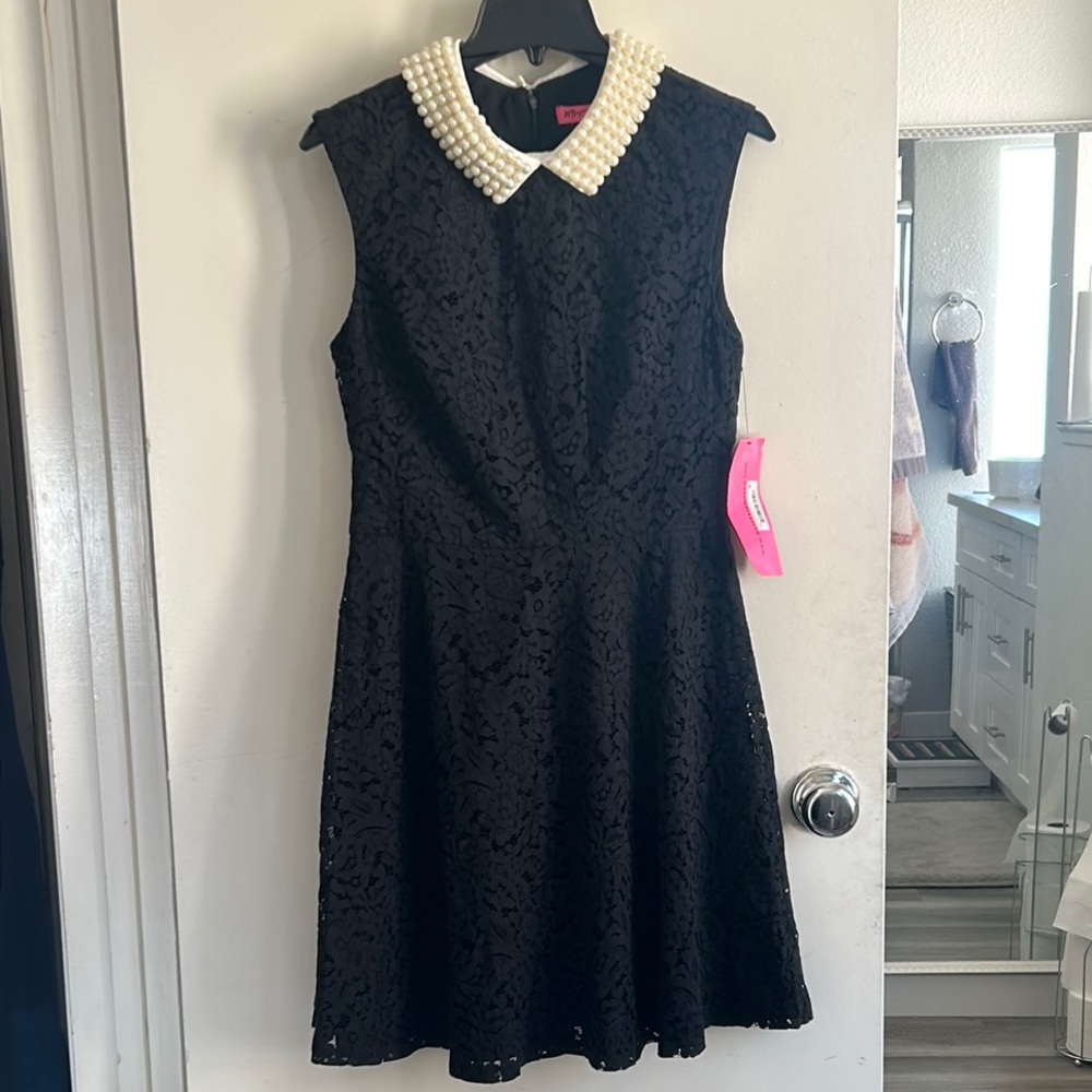 Betsey Johnson Black Lace Dress with Pearl Collar